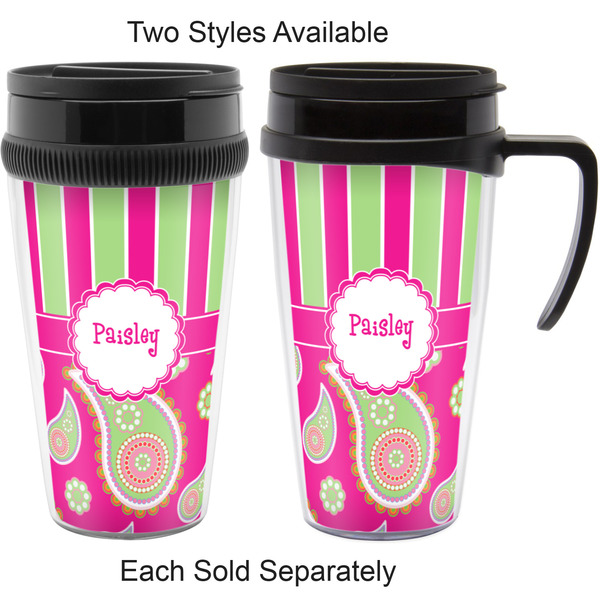 Pink & Green Paisley and Stripes Travel Mugs - with & without Handle