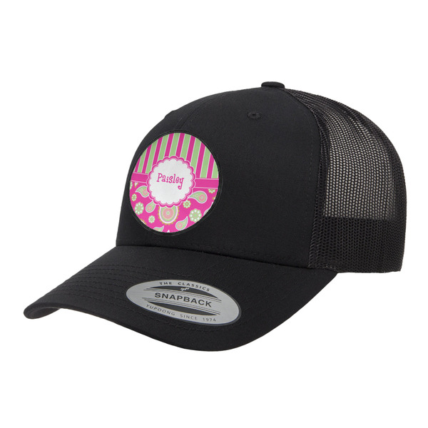 Custom Pink & Green Paisley and Stripes Trucker Hat - Black (Personalized)
