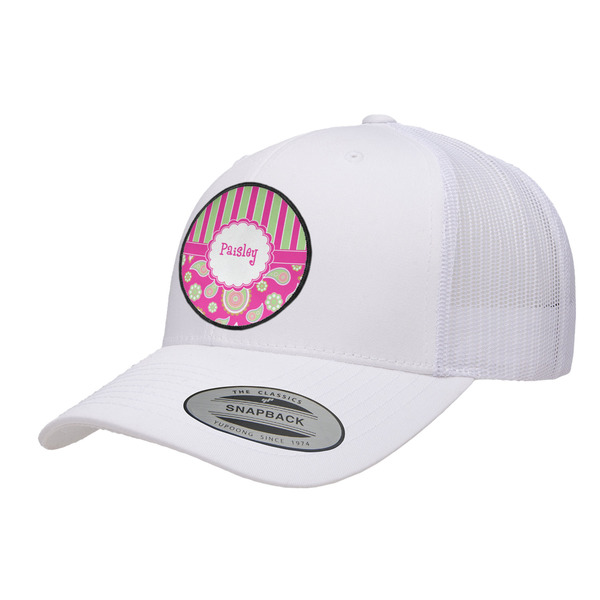 Custom Pink & Green Paisley and Stripes Trucker Hat - White (Personalized)