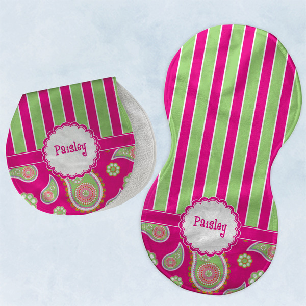Custom Pink & Green Paisley and Stripes Burp Pads - Velour - Set of 2 w/ Name or Text