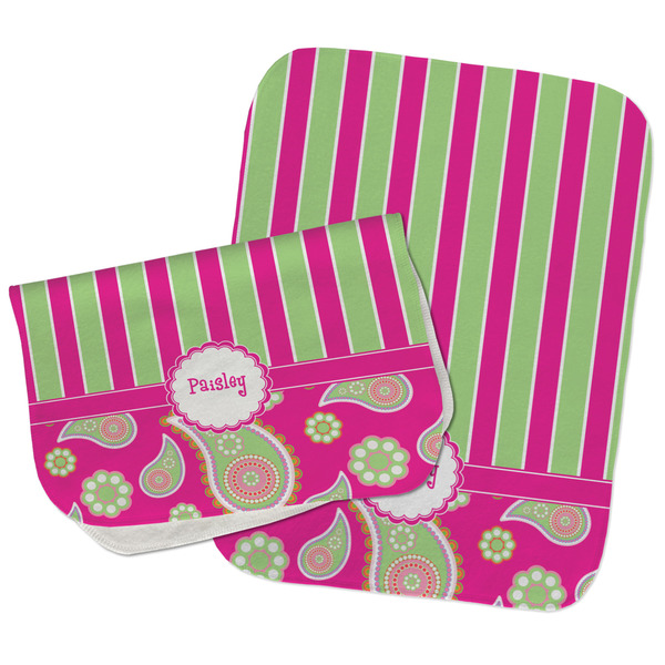 Custom Pink & Green Paisley and Stripes Burp Cloths - Fleece - Set of 2 w/ Name or Text