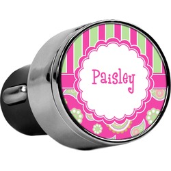 Pink & Green Paisley and Stripes USB Car Charger (Personalized)