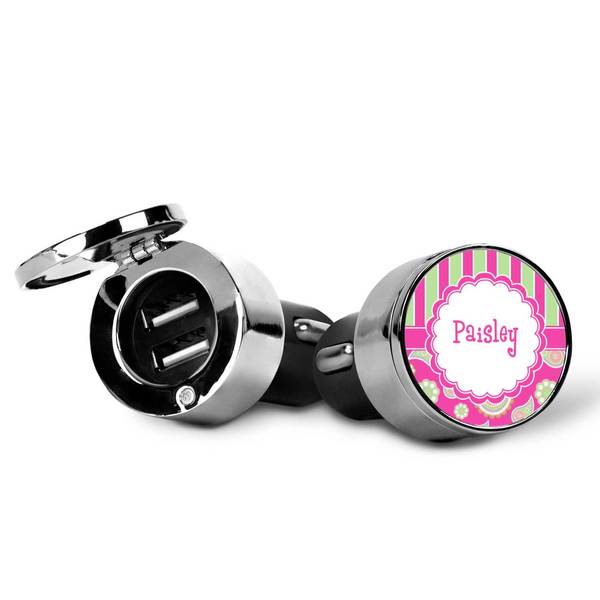 Pink & Green Paisley and Stripes USB Car Charger
