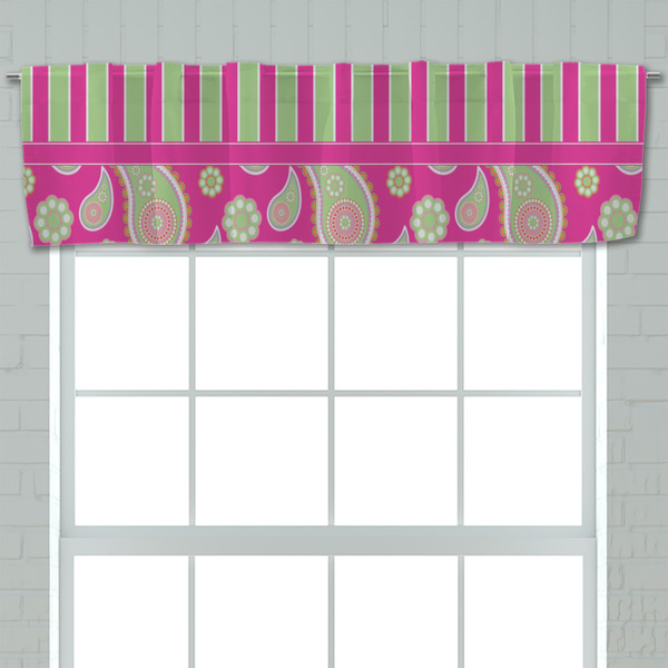 Pink & Green Paisley and Stripes Valance - Closeup on window