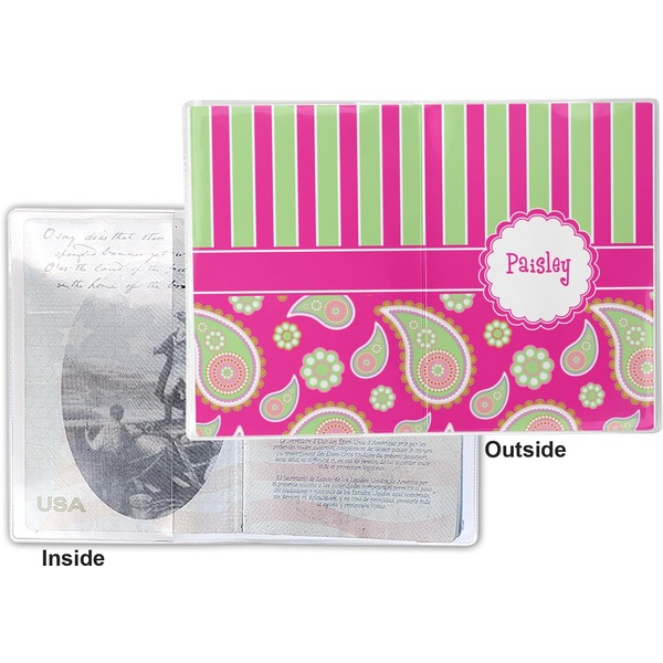 Pink & Green Paisley and Stripes Vinyl Passport Holder - Flat Front and Back