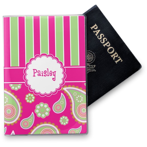 Custom Pink & Green Paisley and Stripes Vinyl Passport Holder (Personalized)