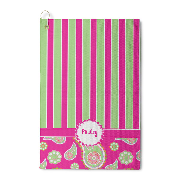 Custom Pink & Green Paisley and Stripes Waffle Weave Golf Towel (Personalized)