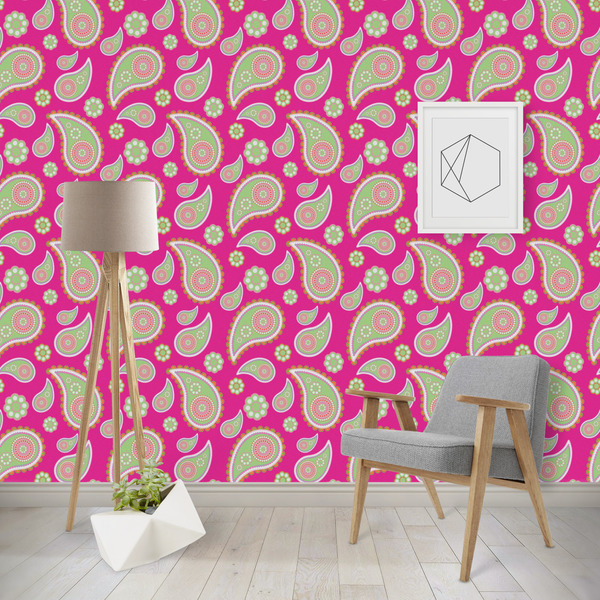 Custom Pink & Green Paisley and Stripes Wallpaper & Surface Covering