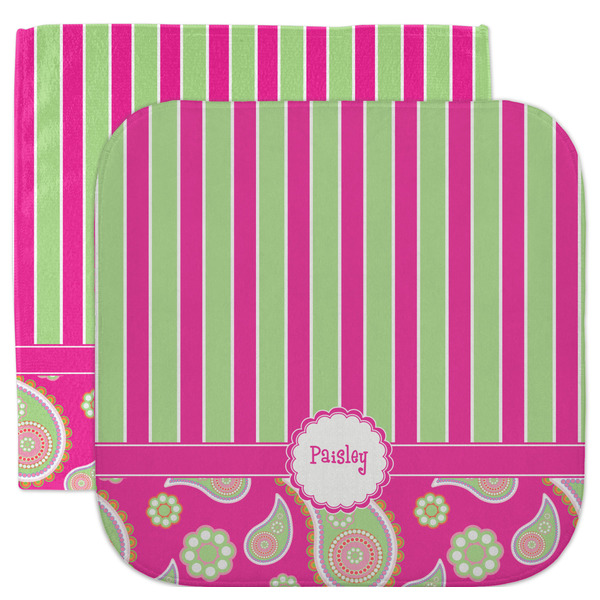Custom Pink & Green Paisley and Stripes Facecloth / Wash Cloth (Personalized)