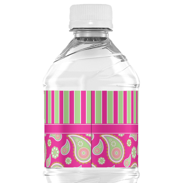 Pink & Green Paisley and Stripes Water Bottle Label - Back View