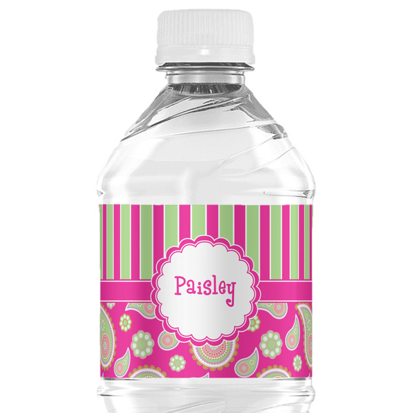 Custom Pink & Green Paisley and Stripes Water Bottle Labels - Custom Sized (Personalized)