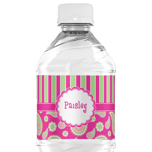 Custom Pink & Green Paisley and Stripes Water Bottle Labels - Custom Sized (Personalized)