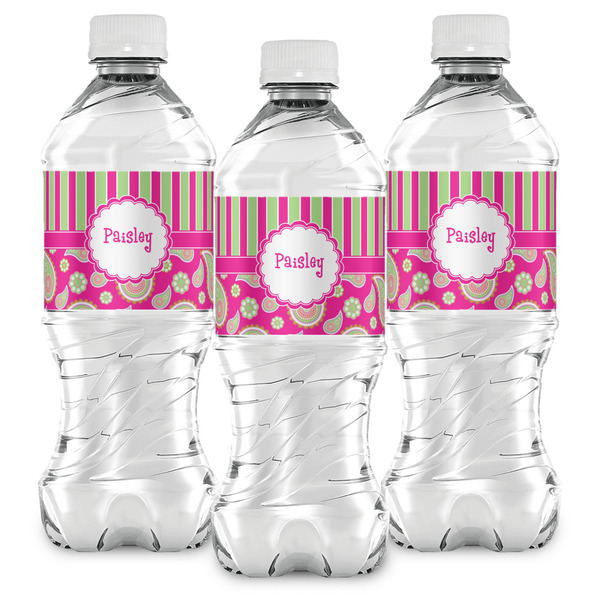 Pink & Green Paisley and Stripes Water Bottle Labels - Front View