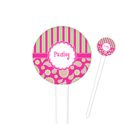 Pink & Green Paisley and Stripes 4" Round Plastic Food Picks - White - Double Sided (Personalized)