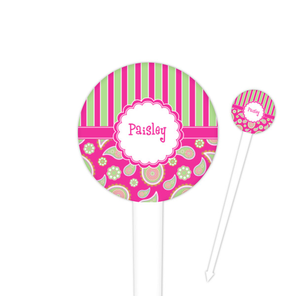 Custom Pink & Green Paisley and Stripes 4" Round Plastic Food Picks - White - Double Sided (Personalized)