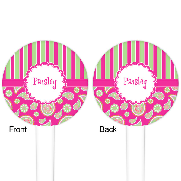 Pink & Green Paisley and Stripes White Plastic 4" Food Pick - Round - Double Sided - Front & Back
