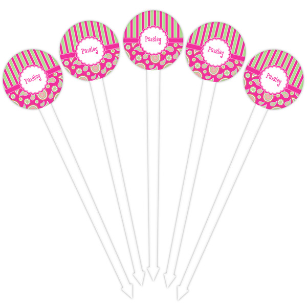 Pink & Green Paisley and Stripes White Plastic 4" Food Pick - Round - Fan View