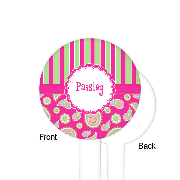 Pink & Green Paisley and Stripes White Plastic 4" Food Pick - Round - Single Sided - Front & Back