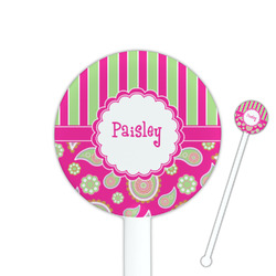 Pink & Green Paisley and Stripes 5.5" Round Plastic Stir Sticks - White - Single Sided (Personalized)