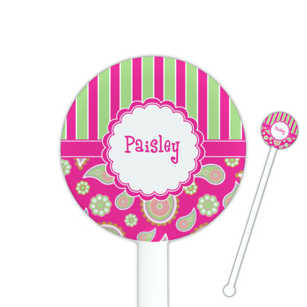 Custom Pink & Green Paisley and Stripes 5.5" Round Plastic Stir Sticks - White - Single Sided (Personalized)
