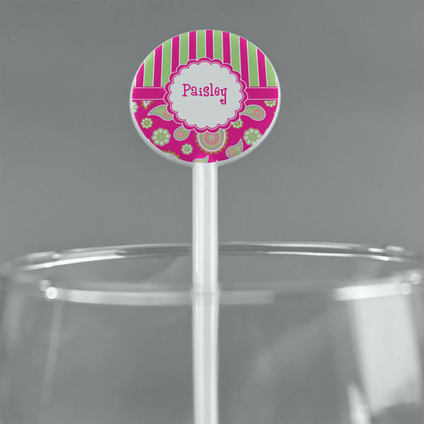 Pink & Green Paisley and Stripes White Plastic 5.5" Stir Stick - Round - Main