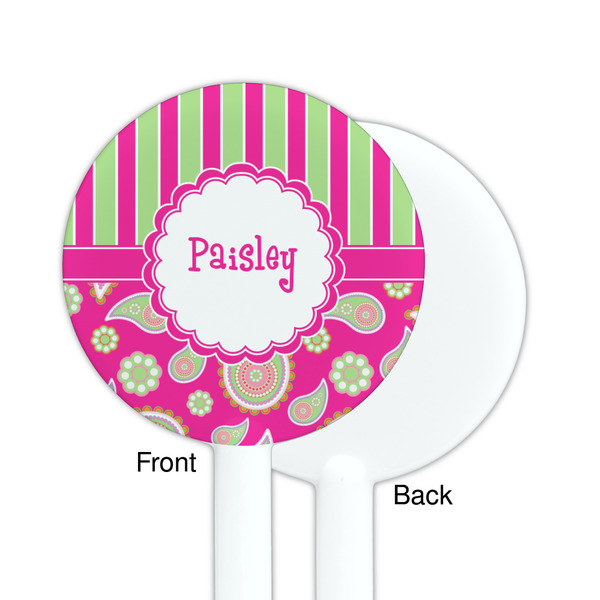 Pink & Green Paisley and Stripes White Plastic 5.5" Stir Stick - Single Sided - Round - Front & Back