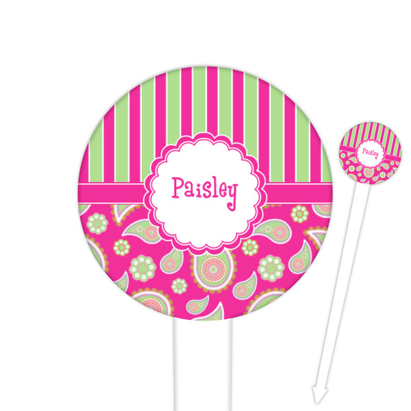 Custom Pink & Green Paisley and Stripes 6" Round Plastic Food Picks - White - Double Sided (Personalized)