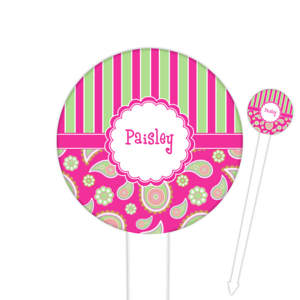 Custom Pink & Green Paisley and Stripes Round Plastic Food Picks (Personalized)