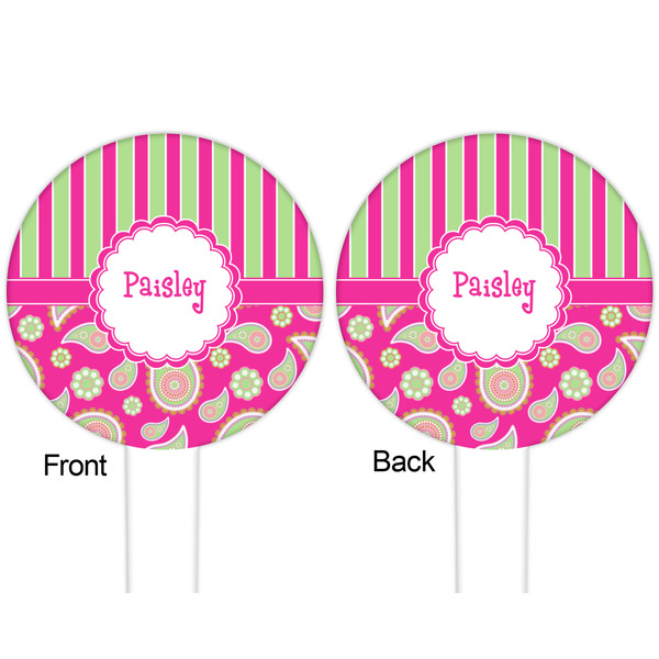 Pink & Green Paisley and Stripes White Plastic 6" Food Pick - Round - Double Sided - Front & Back