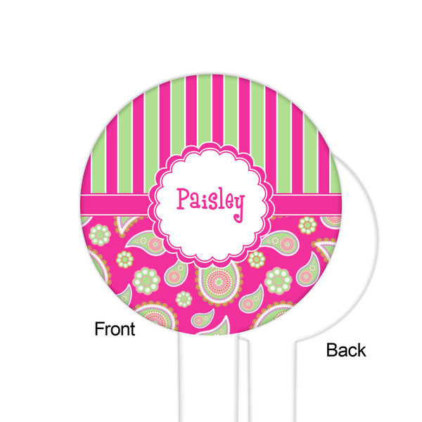 Pink & Green Paisley and Stripes White Plastic 6" Food Pick - Round - Single Sided - Front & Back