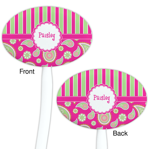 Pink & Green Paisley and Stripes White Plastic 7" Stir Stick - Double Sided - Oval - Front & Back
