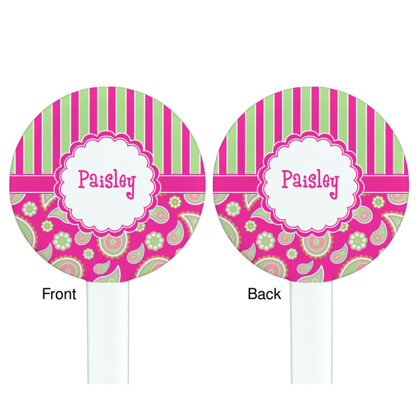 Pink & Green Paisley and Stripes White Plastic 7" Stir Stick - Double Sided - Round - Front & Back