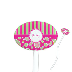Pink & Green Paisley and Stripes 7" Oval Plastic Stir Sticks - White - Single Sided (Personalized)