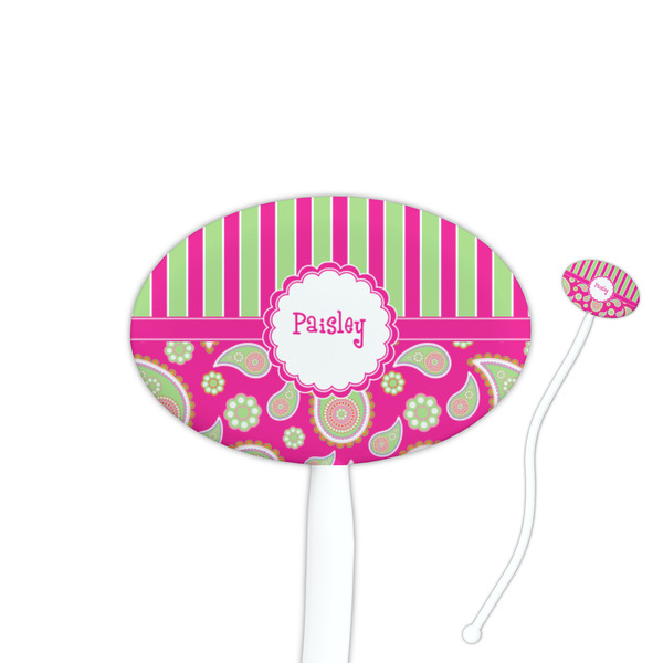 Custom Pink & Green Paisley and Stripes Oval Plastic Stir Sticks (Personalized)