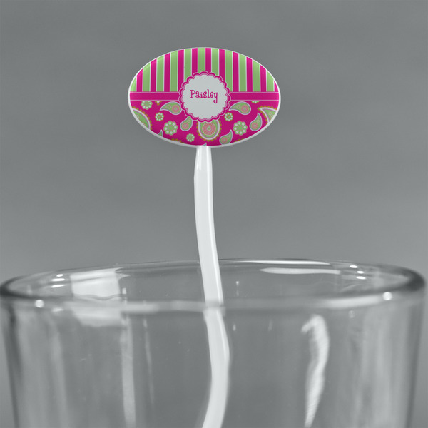 Pink & Green Paisley and Stripes White Plastic 7" Stir Stick - Oval - Main