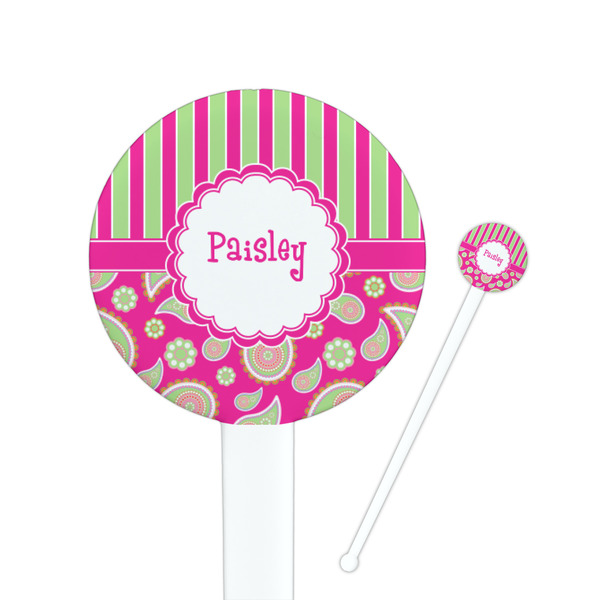 Custom Pink & Green Paisley and Stripes 7" Round Plastic Stir Sticks - White - Double Sided (Personalized)