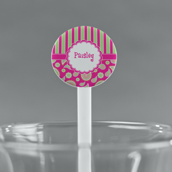 Pink & Green Paisley and Stripes White Plastic 7" Stir Stick - Round - Main