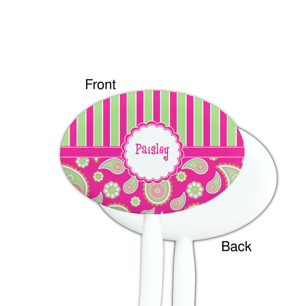 Pink & Green Paisley and Stripes White Plastic 7" Stir Stick - Single Sided - Oval - Front & Back