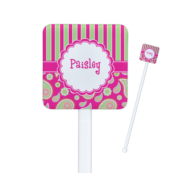 Custom Pink & Green Paisley and Stripes Square Plastic Stir Sticks (Personalized)