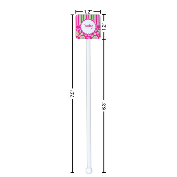 Pink & Green Paisley and Stripes White Plastic Stir Stick - Square - Dimensions