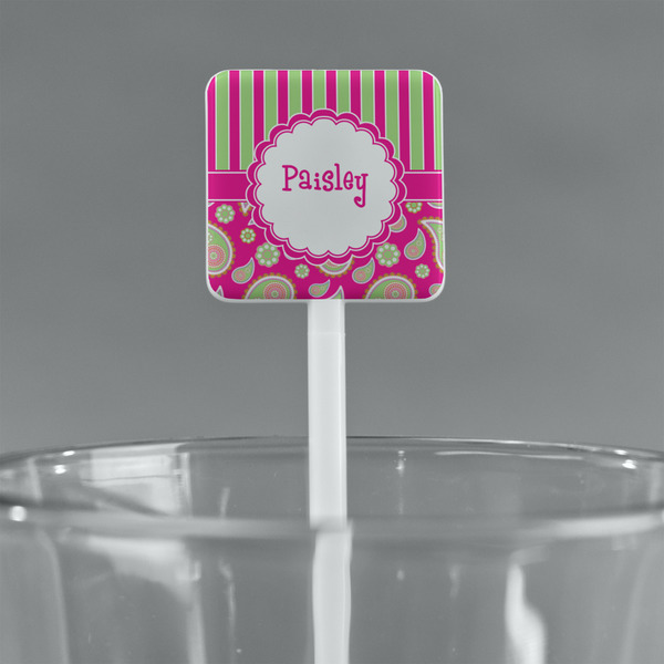 Pink & Green Paisley and Stripes White Plastic Stir Stick - Square - Main
