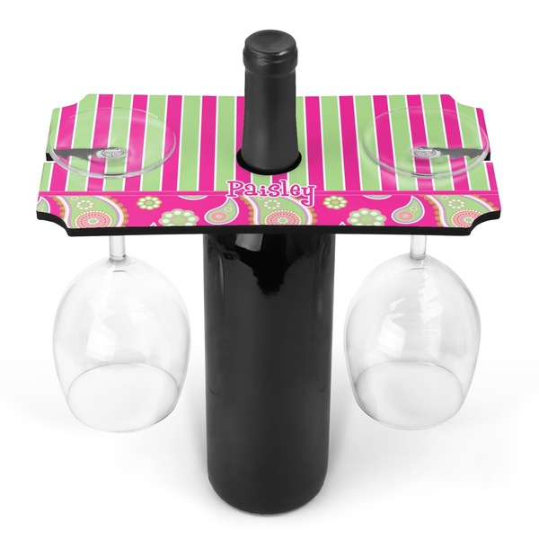 Custom Pink & Green Paisley and Stripes Wine Bottle & Glass Holder (Personalized)