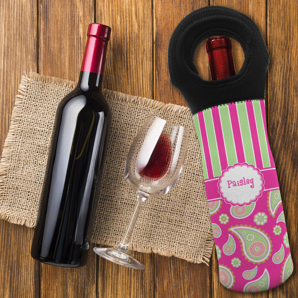 Pink & Green Paisley and Stripes Wine Tote Bag - FLATLAY
