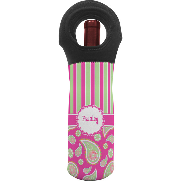 Custom Pink & Green Paisley and Stripes Wine Tote Bag (Personalized)