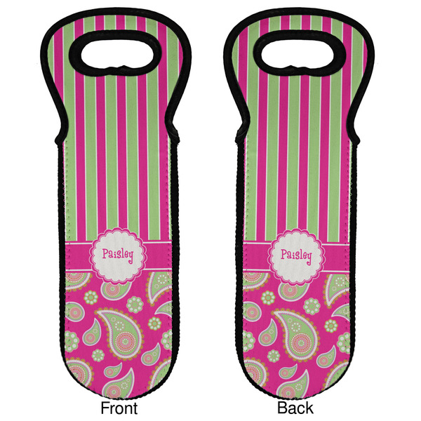 Pink & Green Paisley and Stripes Wine Tote Front & Back