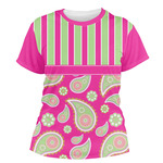 Pink & Green Paisley and Stripes Women's Crew T-Shirt - Medium