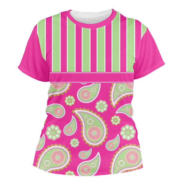 Custom Pink & Green Paisley and Stripes Women's Crew T-Shirt - 2X Large