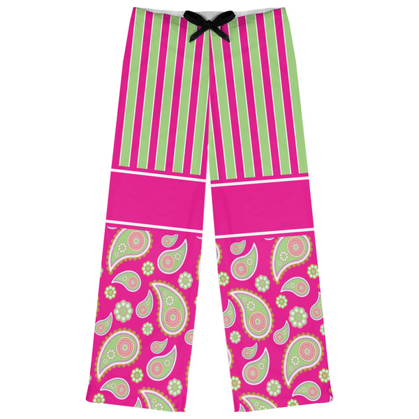 Custom Pink & Green Paisley and Stripes Womens Pajama Pants - XL