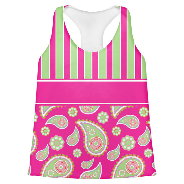 Custom Pink & Green Paisley and Stripes Womens Racerback Tank Top - Large