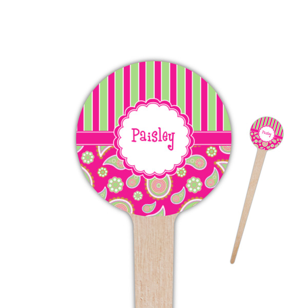 Custom Pink & Green Paisley and Stripes 4" Round Wooden Food Picks - Double Sided (Personalized)